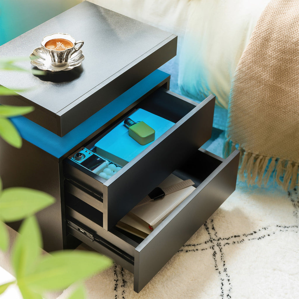 Modern LED Nightstand with 2 Drawers and Adjustable LED Lights - White