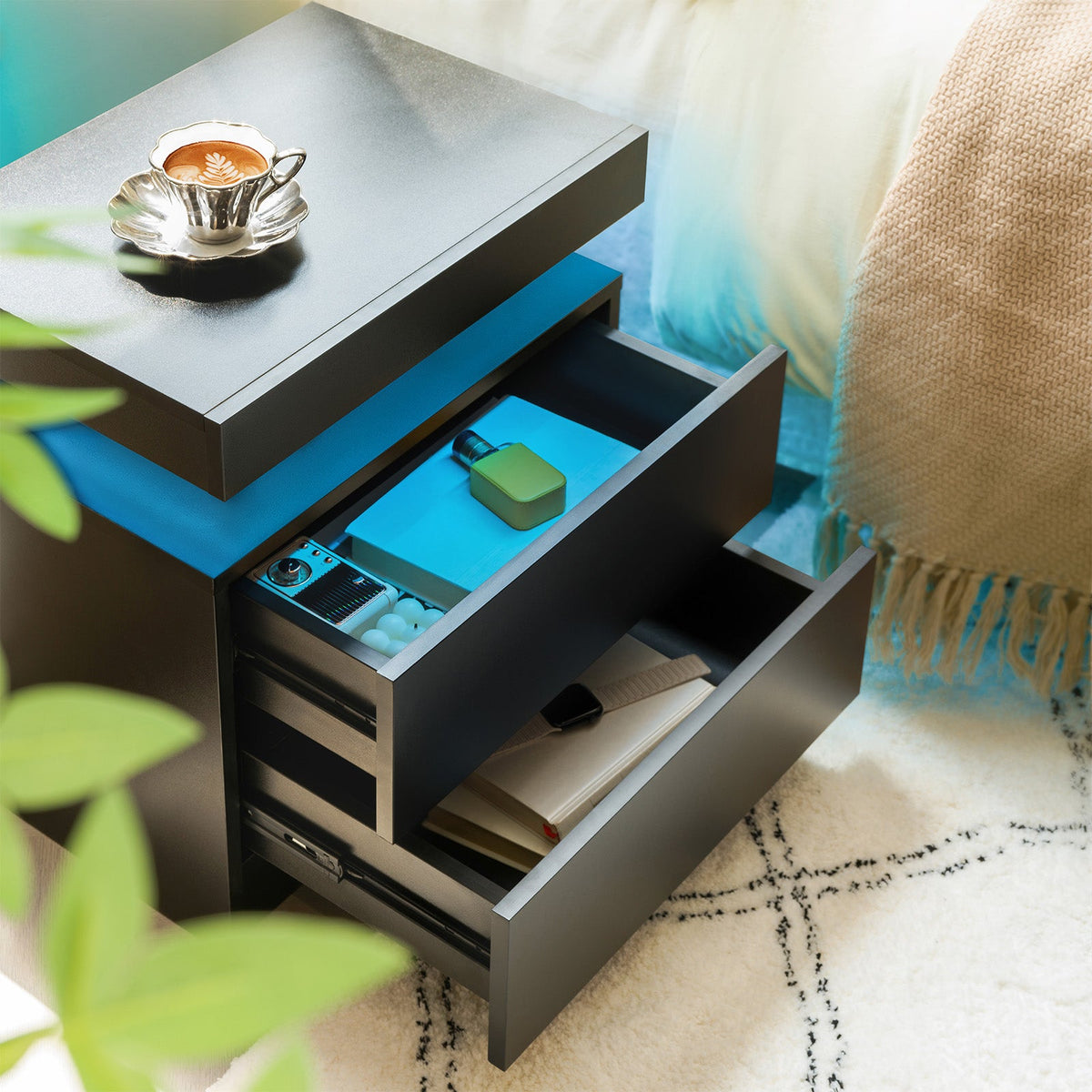 Modern LED Nightstand with 2 Drawers and Adjustable LED Lights - White
