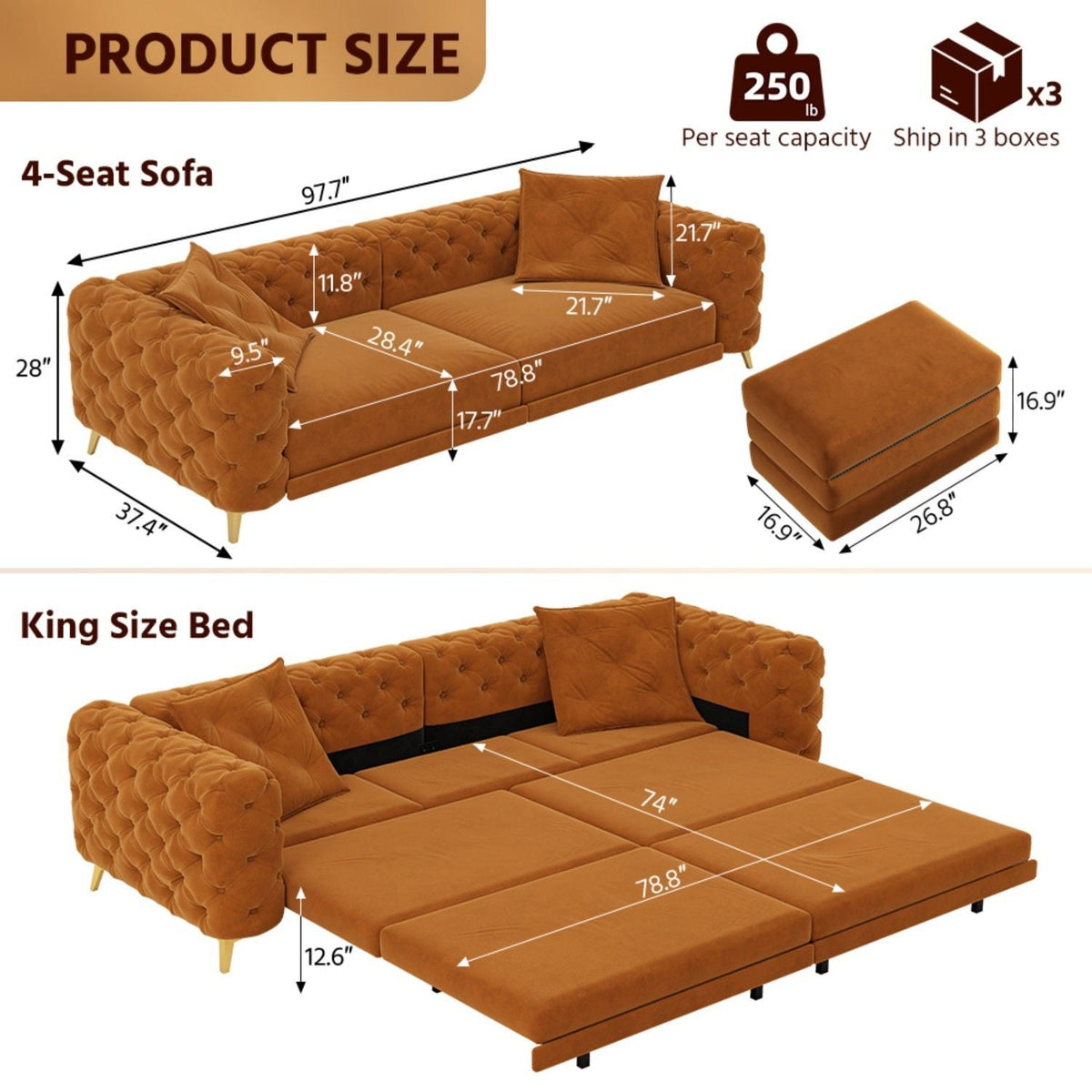 Convertible 3-in-1 Sleeper Sofa Set with Movable Ottoman - Multiple Colors