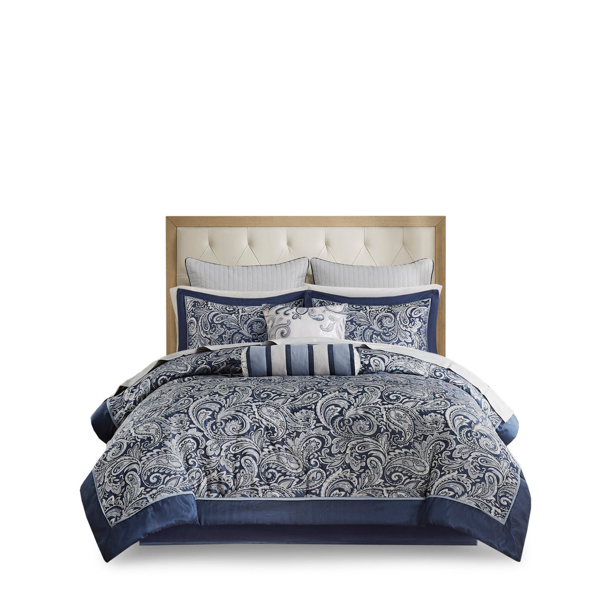 Navy 12 Piece Comforter Set with Cotton Bed Sheets - Queen, Paisley Jacquard