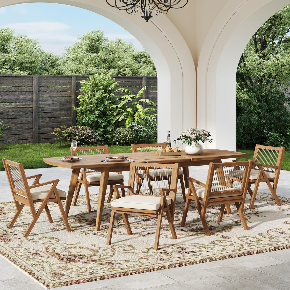 Expandable Acacia Wood Outdoor Dining Set with Rope Chairs - 7 Piece