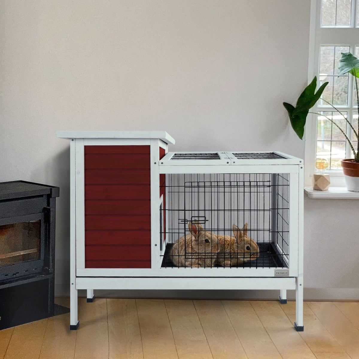 Two Tier Wooden Rabbit Cage with Leak-Proof Plastic Tray – Dark Gray or Red