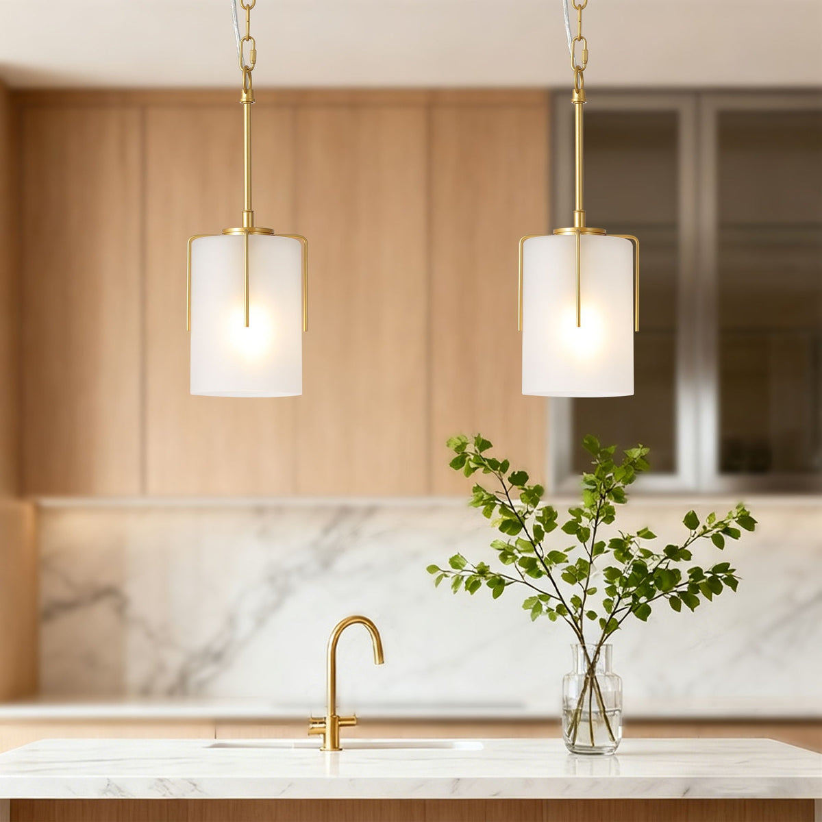 Adjustable Cylindrical Pendant Light with Frosted Glass Shade - Black or Gold