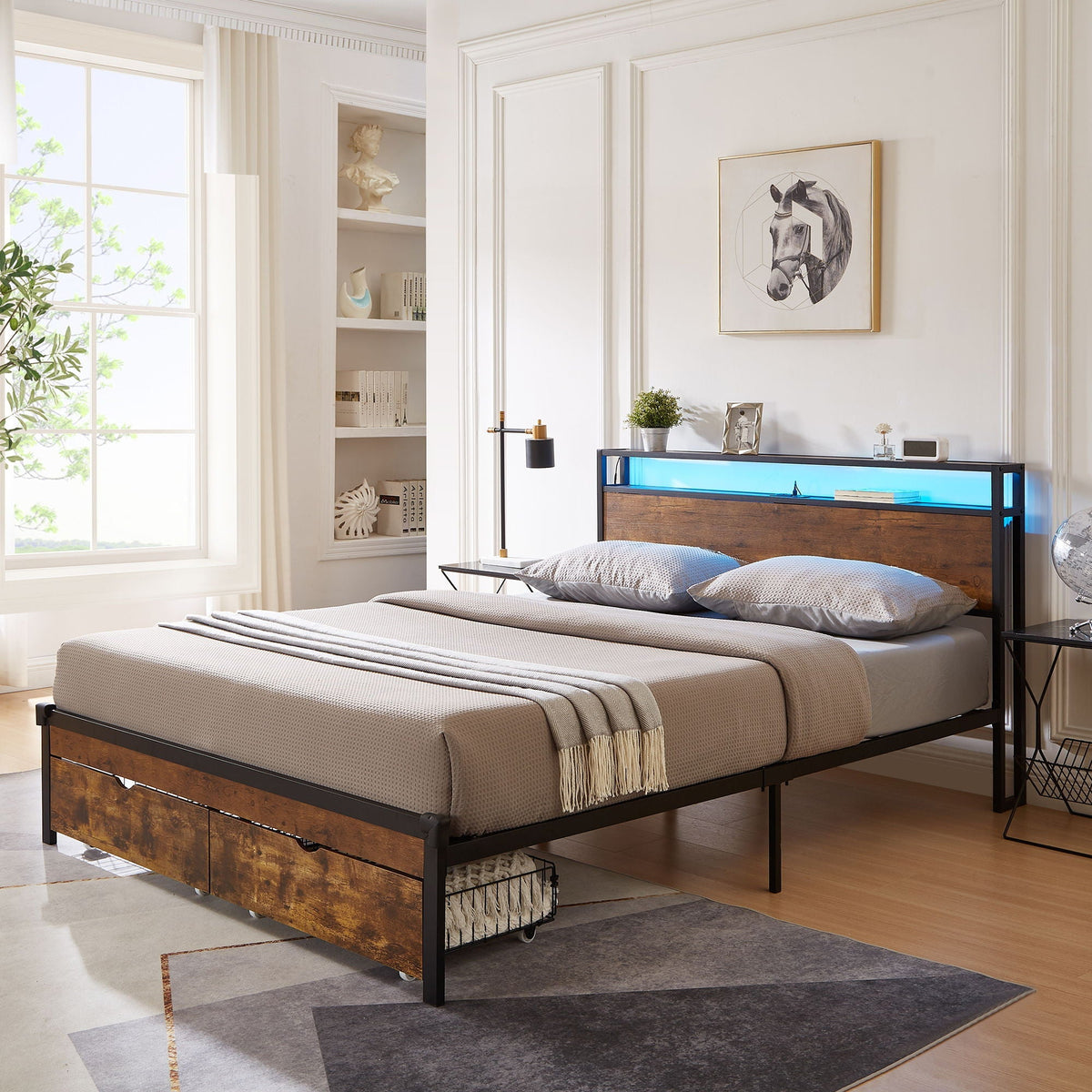 Modern Metal Platform Storage Bed with USB, LED Lights & Drawers - Black