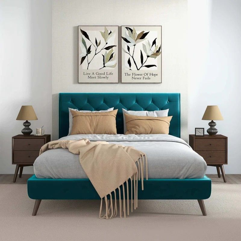 Light Blue Queen Platform Bed with Button Tufted Headboard