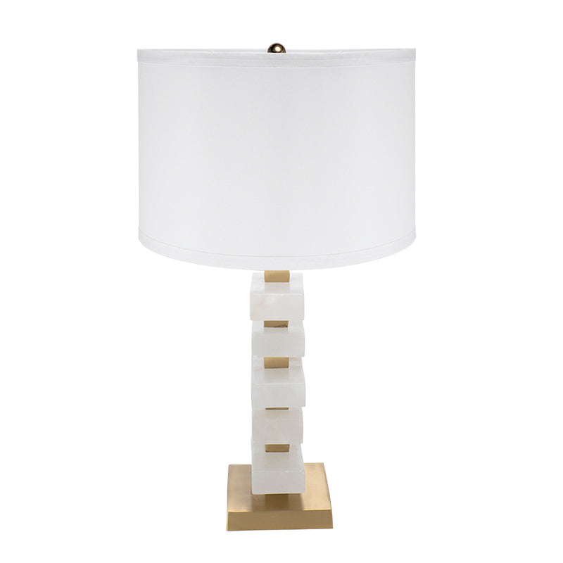 White and Gold Alabaster Table Lamp with Fabric Drum Shade - 15" W x 15" D x 26.7" H