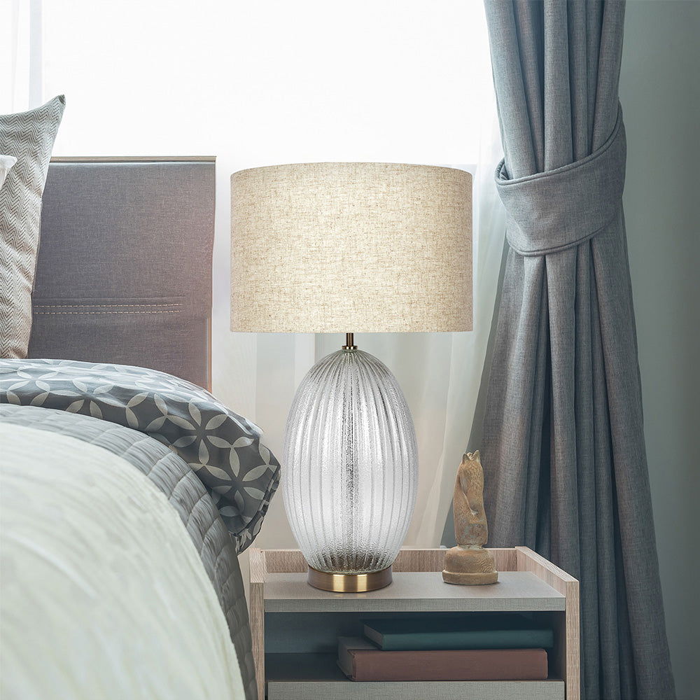 Aurora Ribbed Lamp Base Clear Table Lamp Large Linen Shade - Beige / Clear / Gold