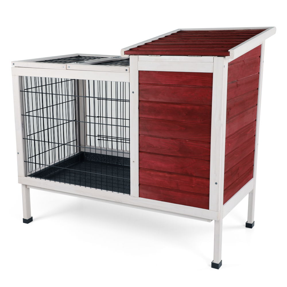 Two Tier Wooden Rabbit Cage with Leak-Proof Plastic Tray – Dark Gray or Red