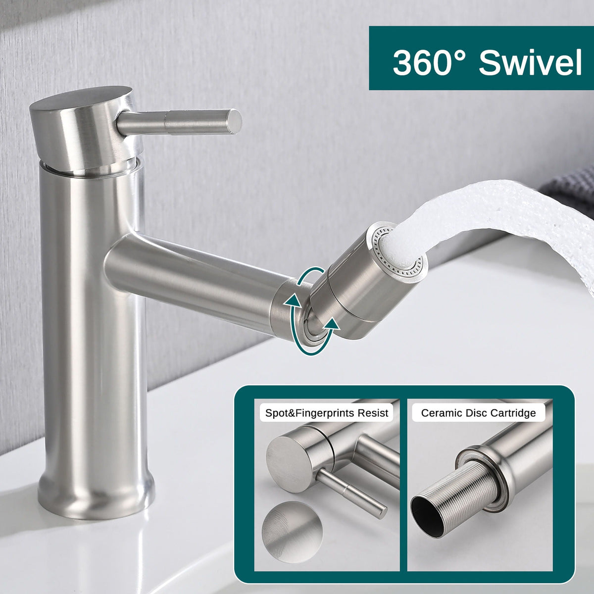 Pearl Silver Bathroom Faucet with 2 Modes and 360° Rotating Aerator