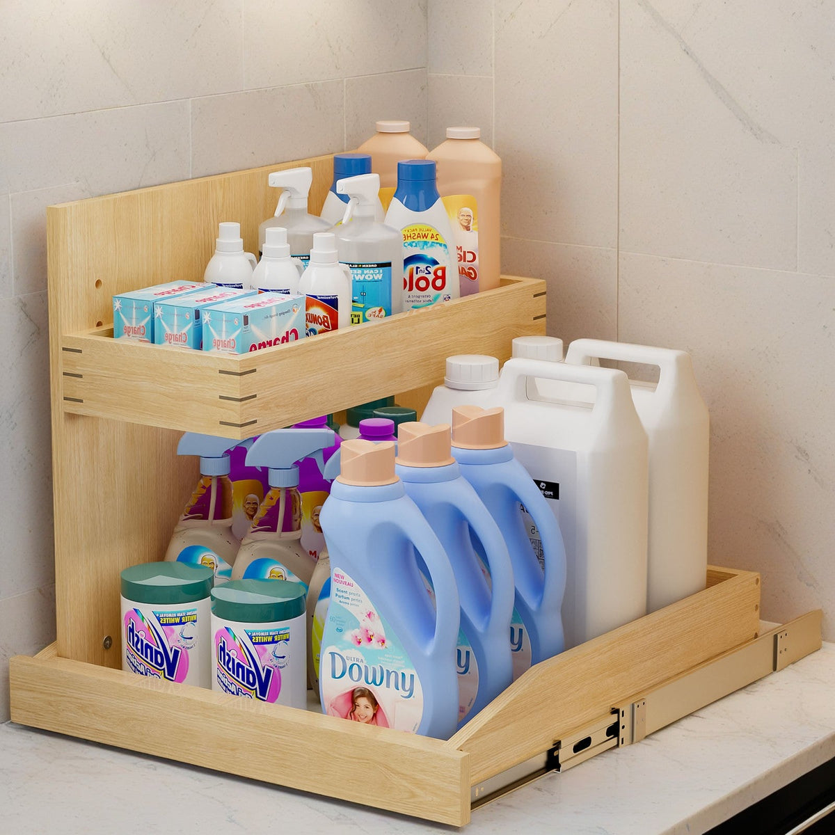 2 Tier Pull Out Under Sink Organizer with Full-Tension Slides - Natural Wood