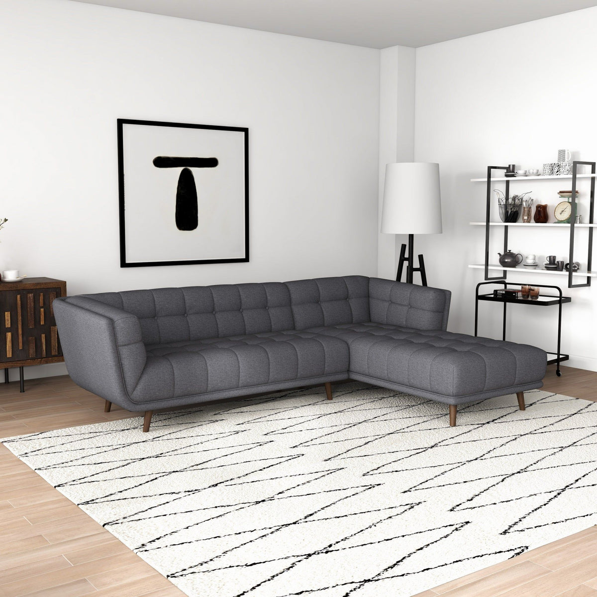 L Shape Sectional Sofa Tufted with Mid-Century Modern Design - Dark Gray or Beige