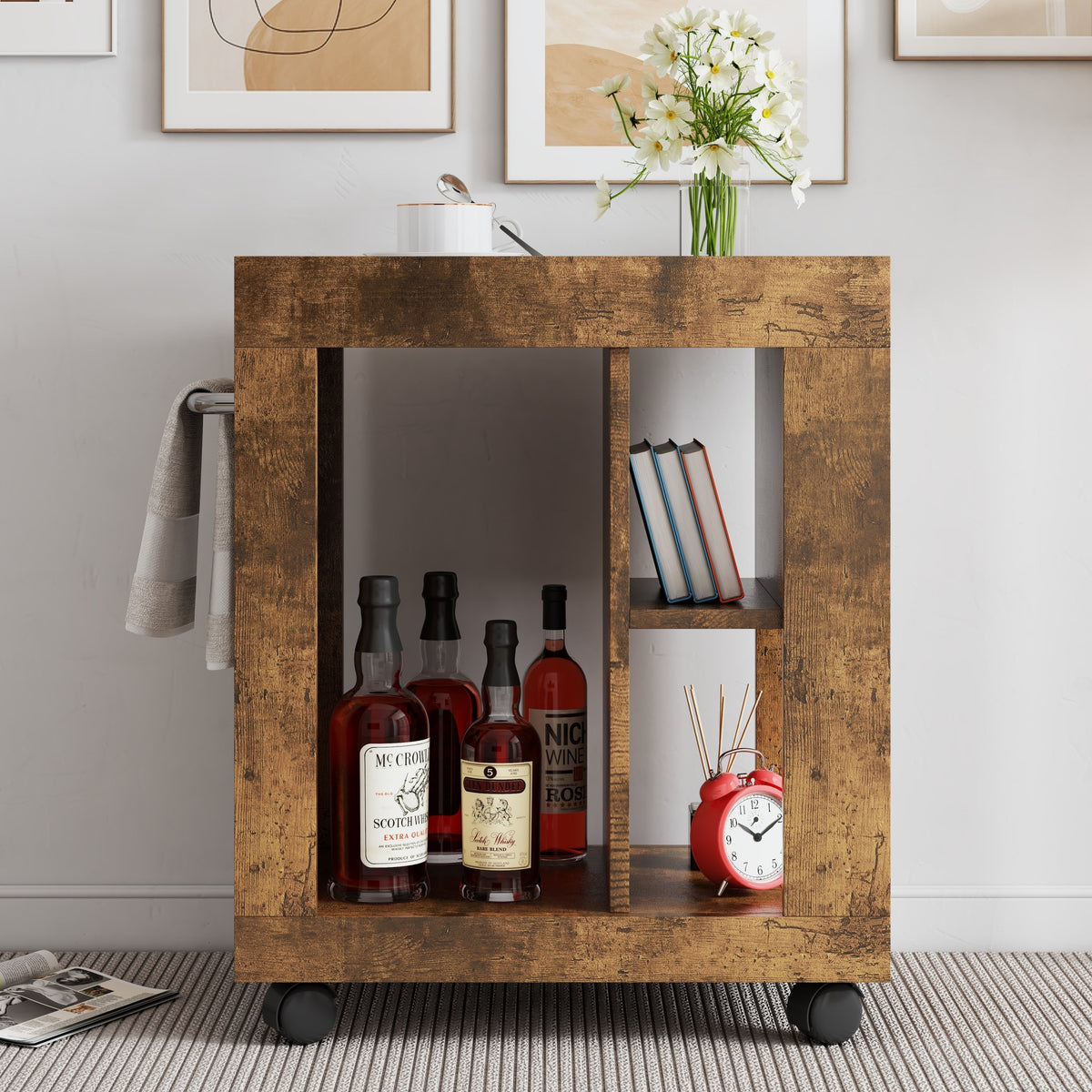 Mid-century Modern Movable Side Cabinet with Sliding Handle - Natural Rubberwood