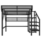 Black Loft Bed with Stairs, Storage Shelf, and LED Lighting
