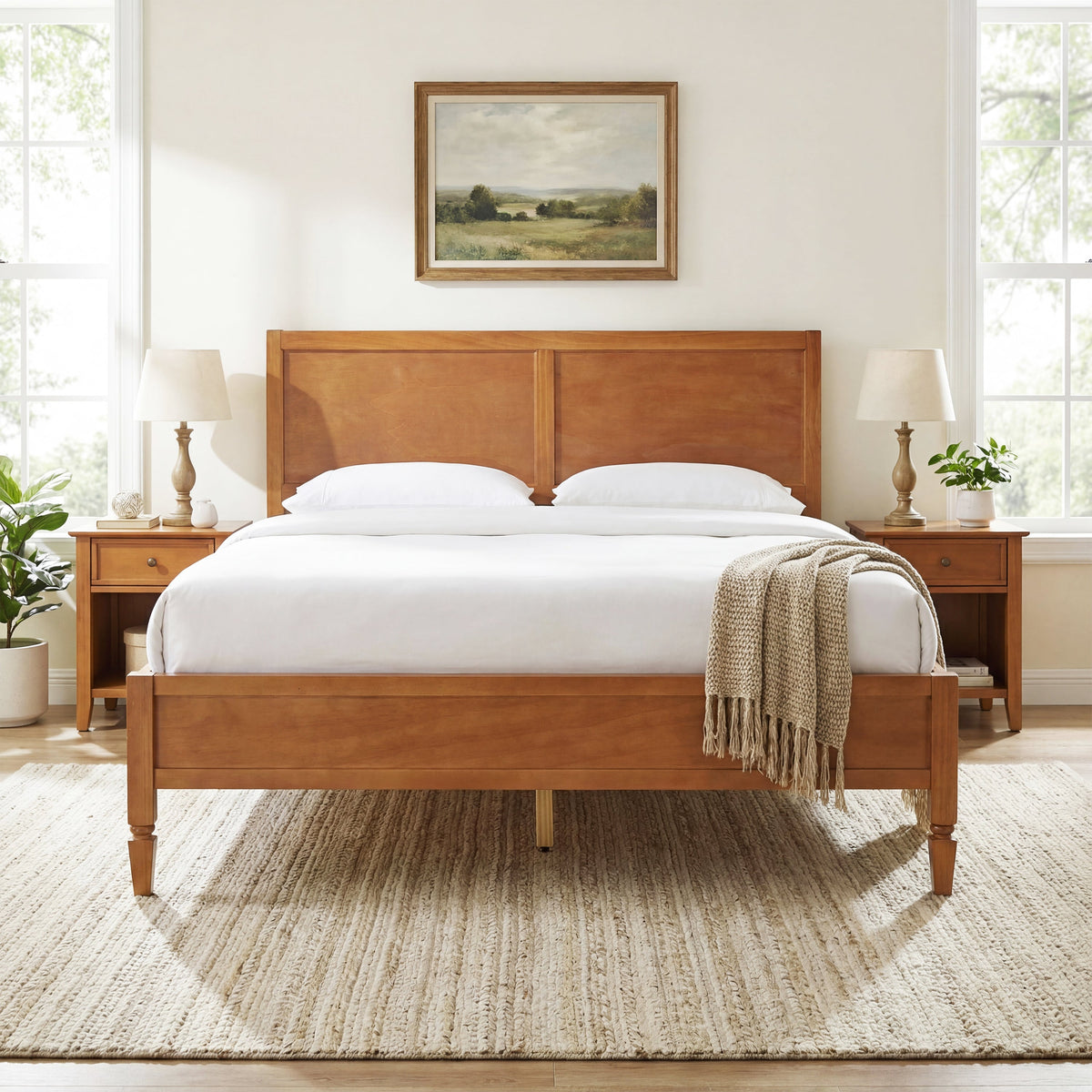 Queen Size Wood Platform Bed Frame with Classic Panel Headboard - Brown or Natural