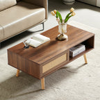 Rattan Coffee Table with Sliding Storage Door – Solid Wood Legs - Light Brown, White, or Dark Brown