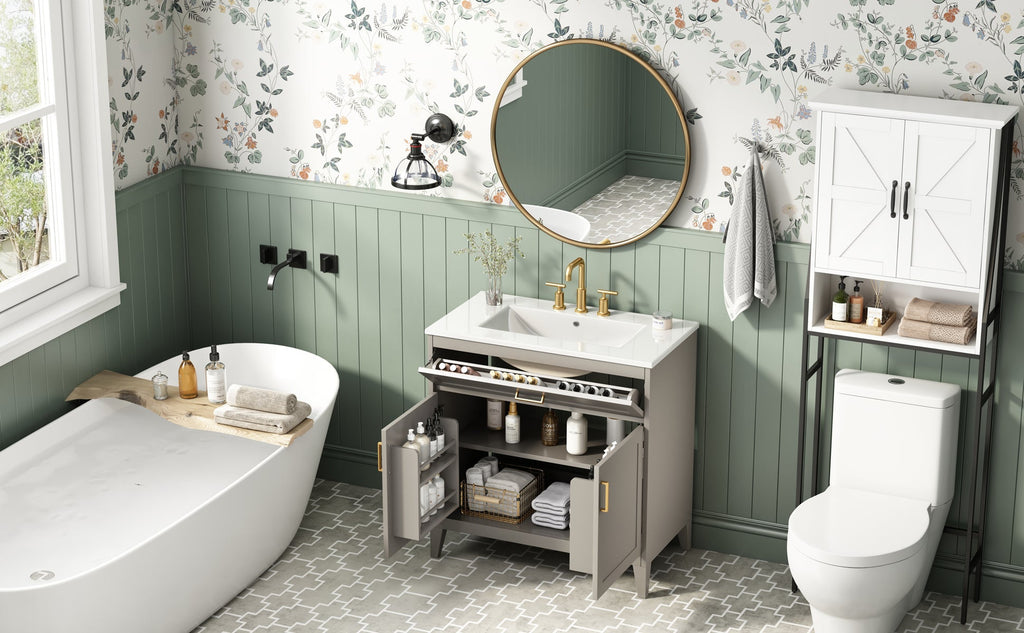 30" Bathroom Vanity with Ceramic Sink Top and Solid Wood Legs - Beige or Wood