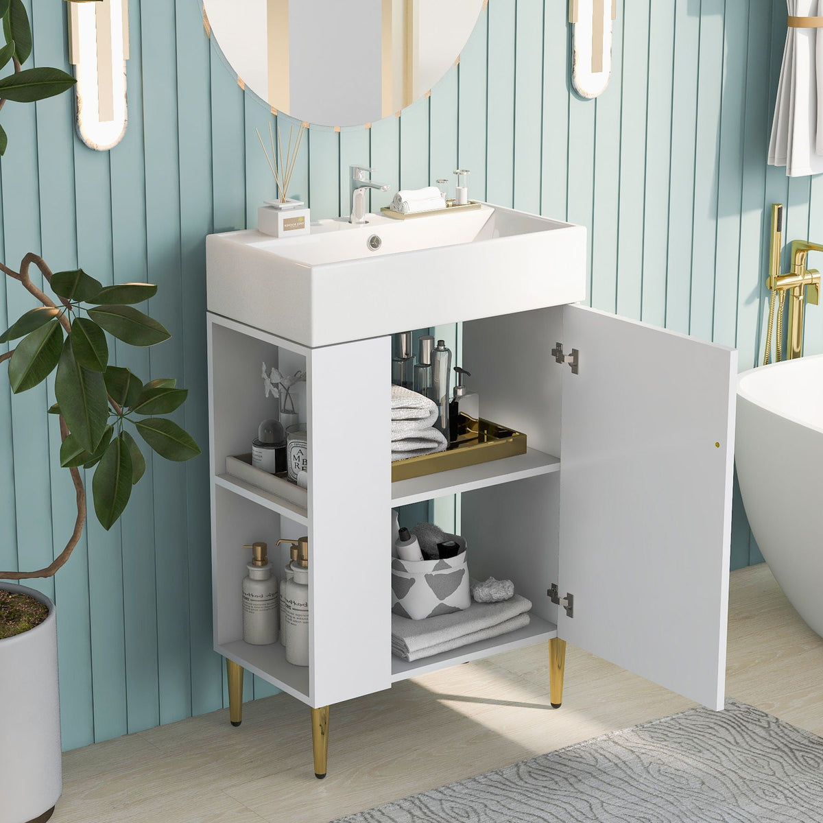 Bathroom Vanity with Single Ceramic Sink and Side Storage - Multiple Colors