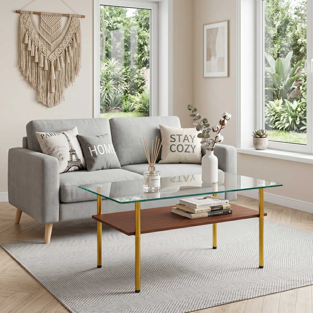 Modern Glass Coffee Table and End Tables Set of 3 with Golden Metal Legs