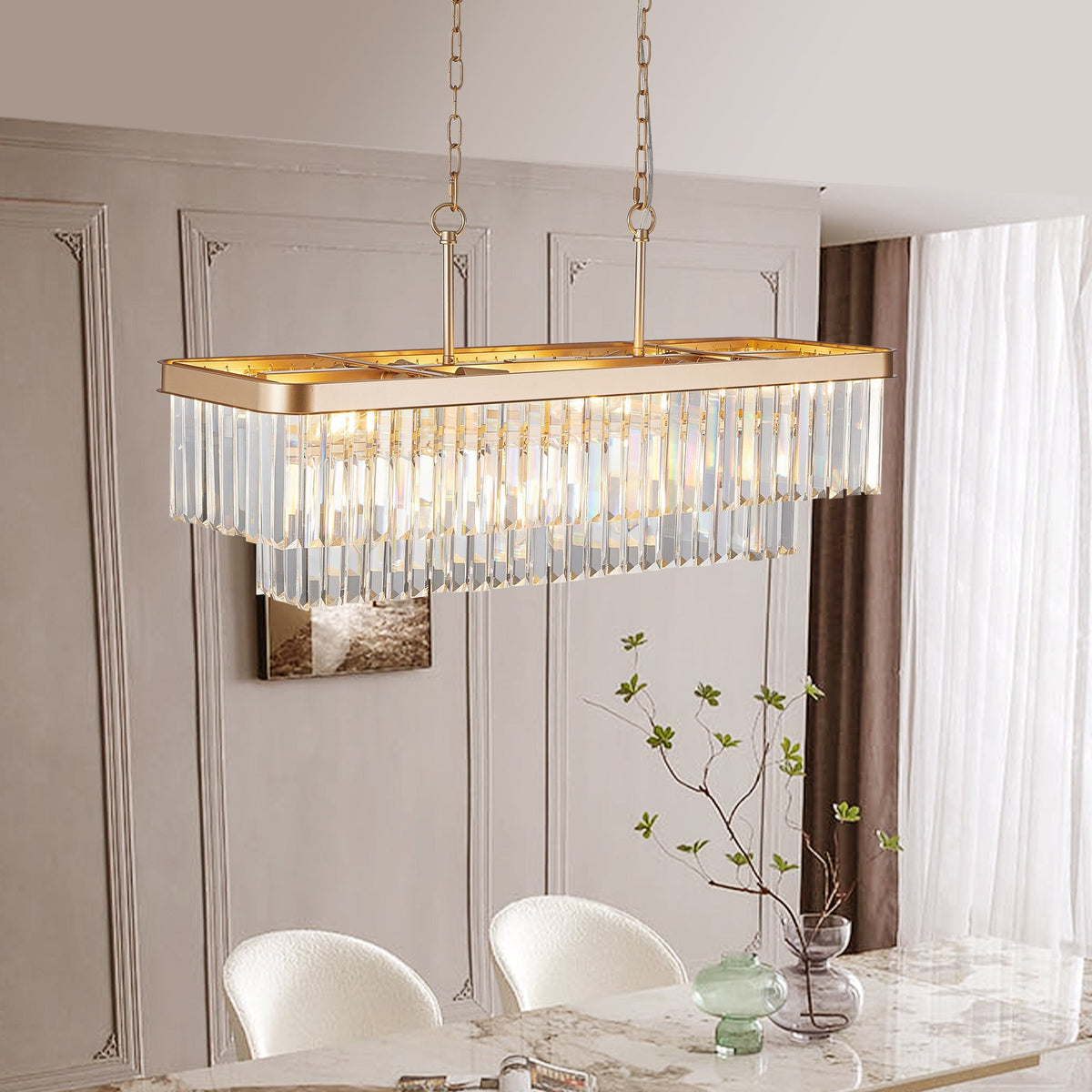 Rectangular Crystal Chandelier with Adjustable Height - Gold