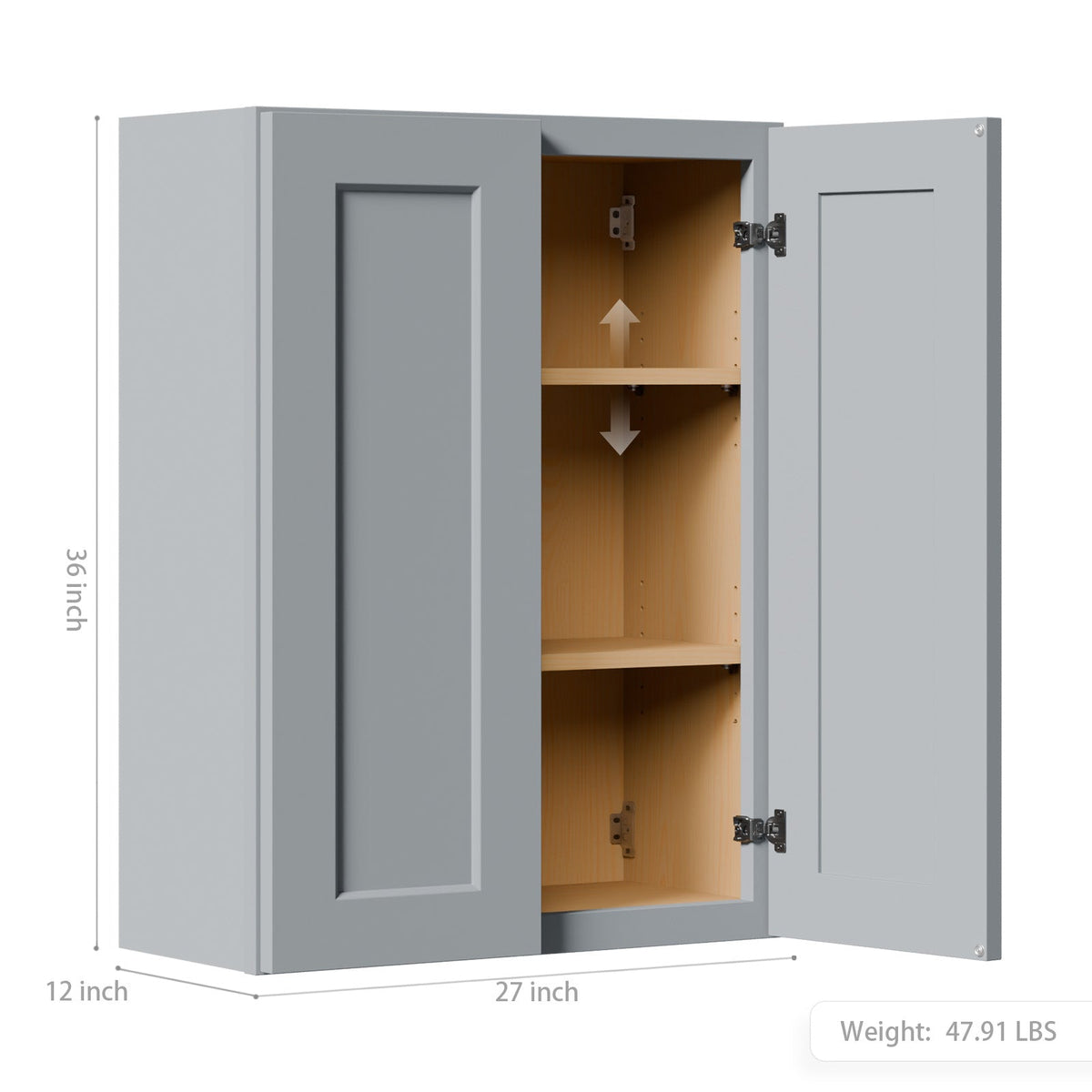 Gray Shaker Solid Wood Wall Cabinet with Soft-Close Doors - Gray