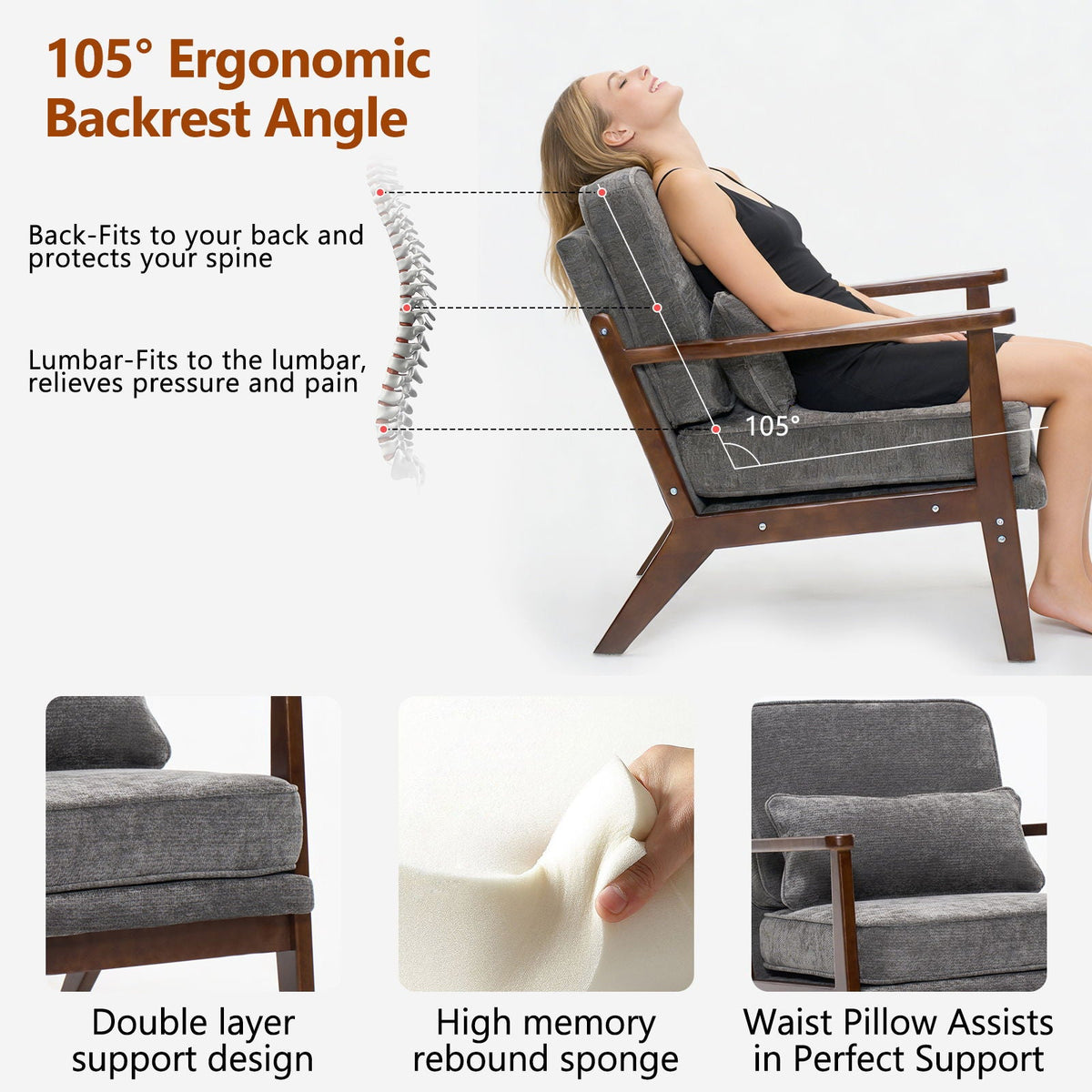 Living Room Chair with Lumbar Pillow and Solid Wood Frame - Dark Gray, Dark Green, Beige