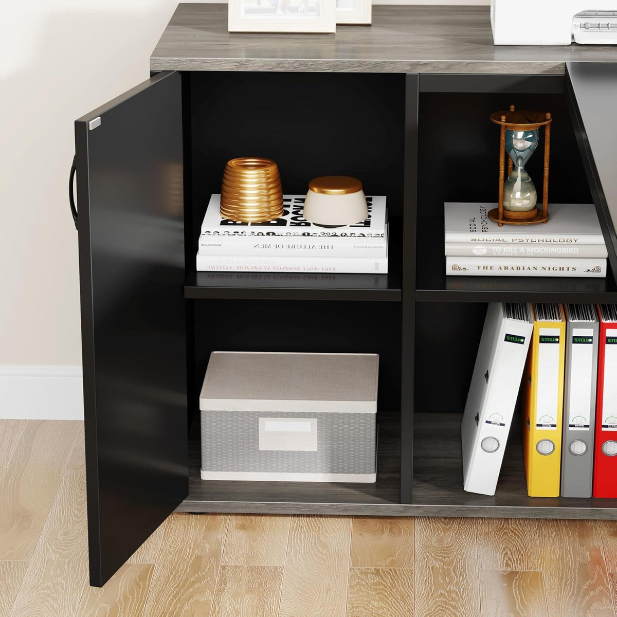 L-Shaped Executive Desk with Cabinet Storage - Dark Gray or Black