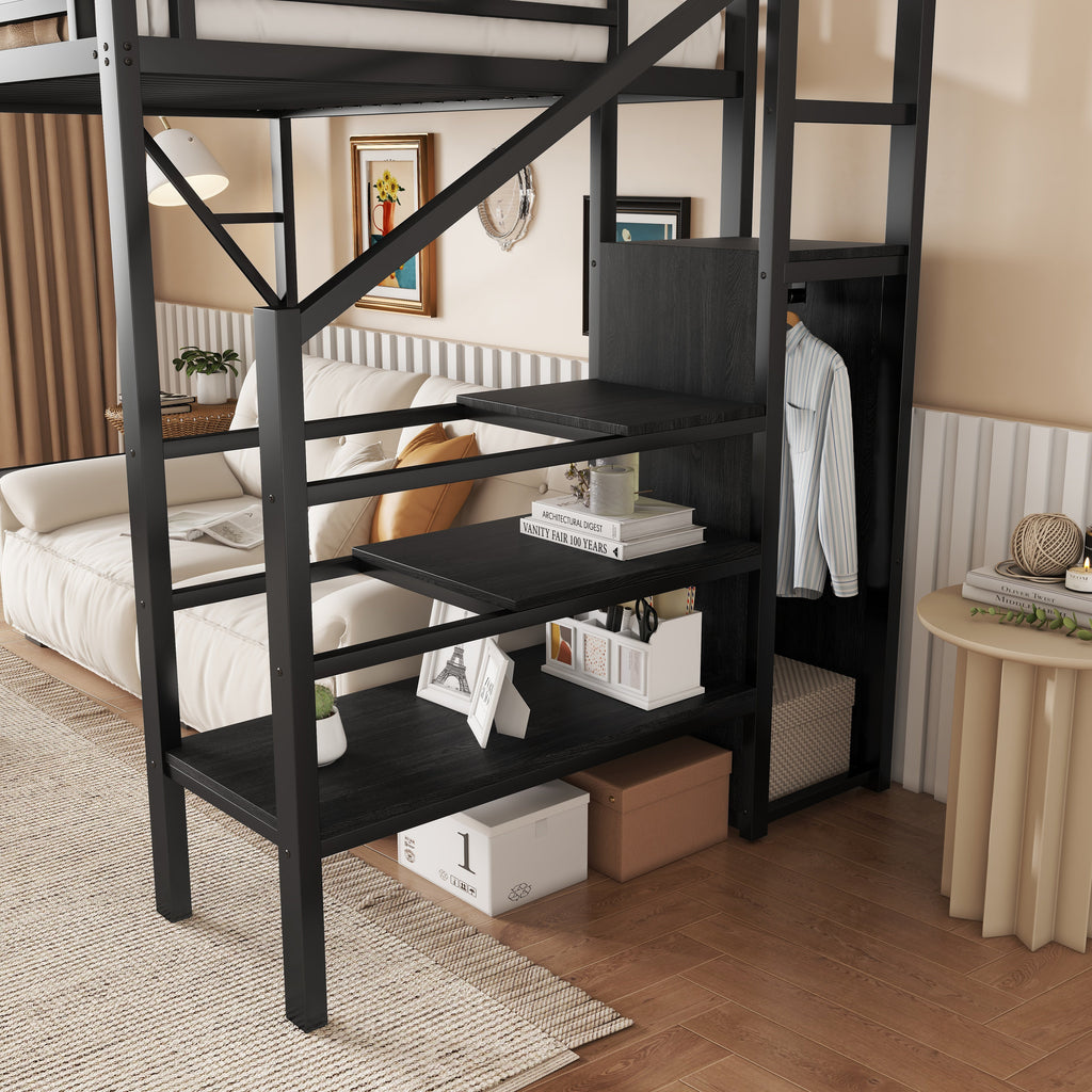 Twin Size Loft Bed with Stairs and Storage Shelves