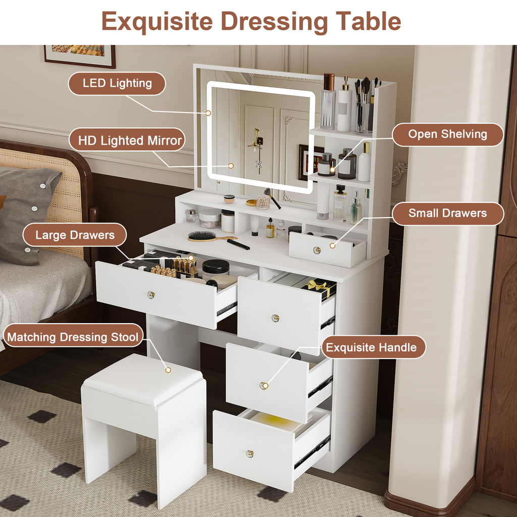 Fashion Vanity Desk with Mirror & Dimmable LED Lights - White MDF