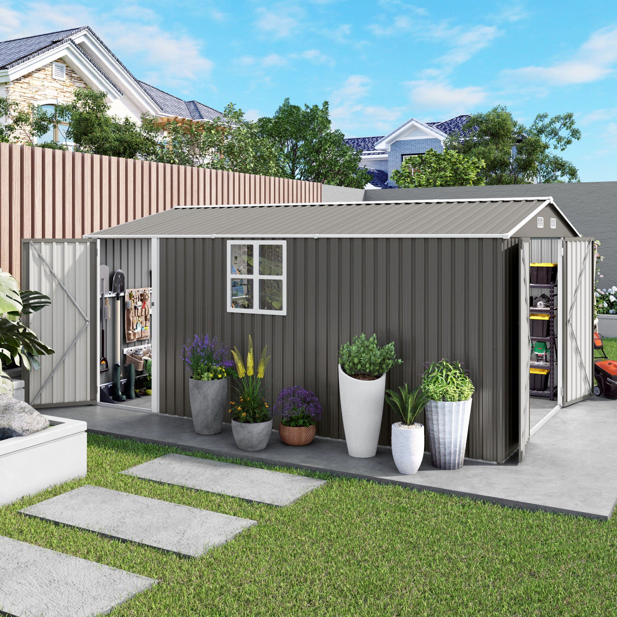 Outdoor Storage Shed with Lockable Doors - Dark Gray