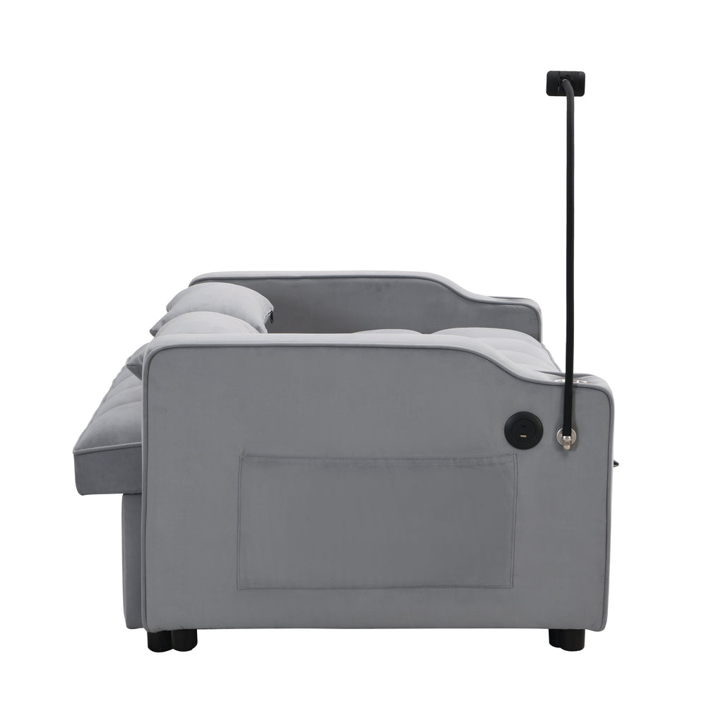 Modern Velvet Sleeper Loveseat with Pullout Bed and USB Ports - Light Gray