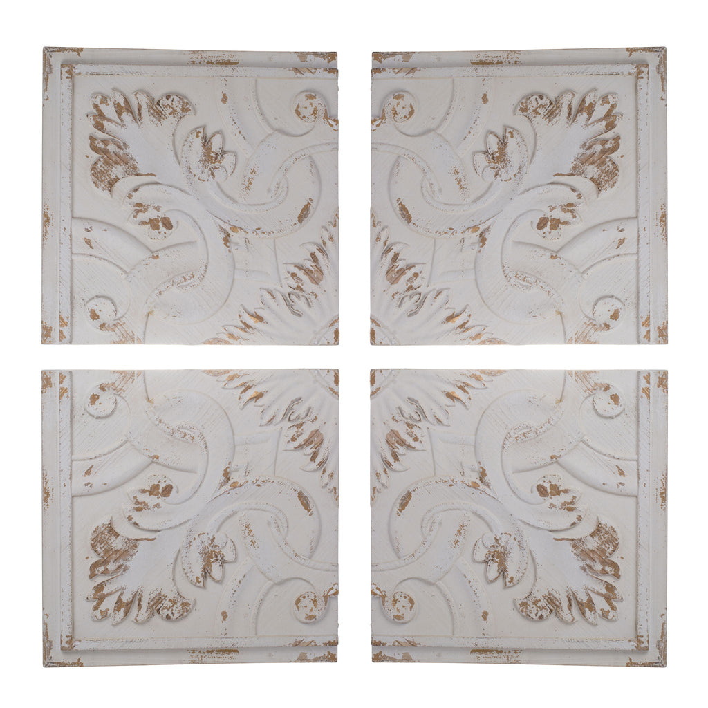 Distressed Wooden Square Wall Panels with Intricate Medallion Design - White