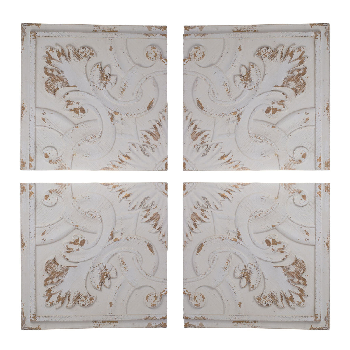 Distressed Wooden Square Wall Panels with Intricate Medallion Design - White