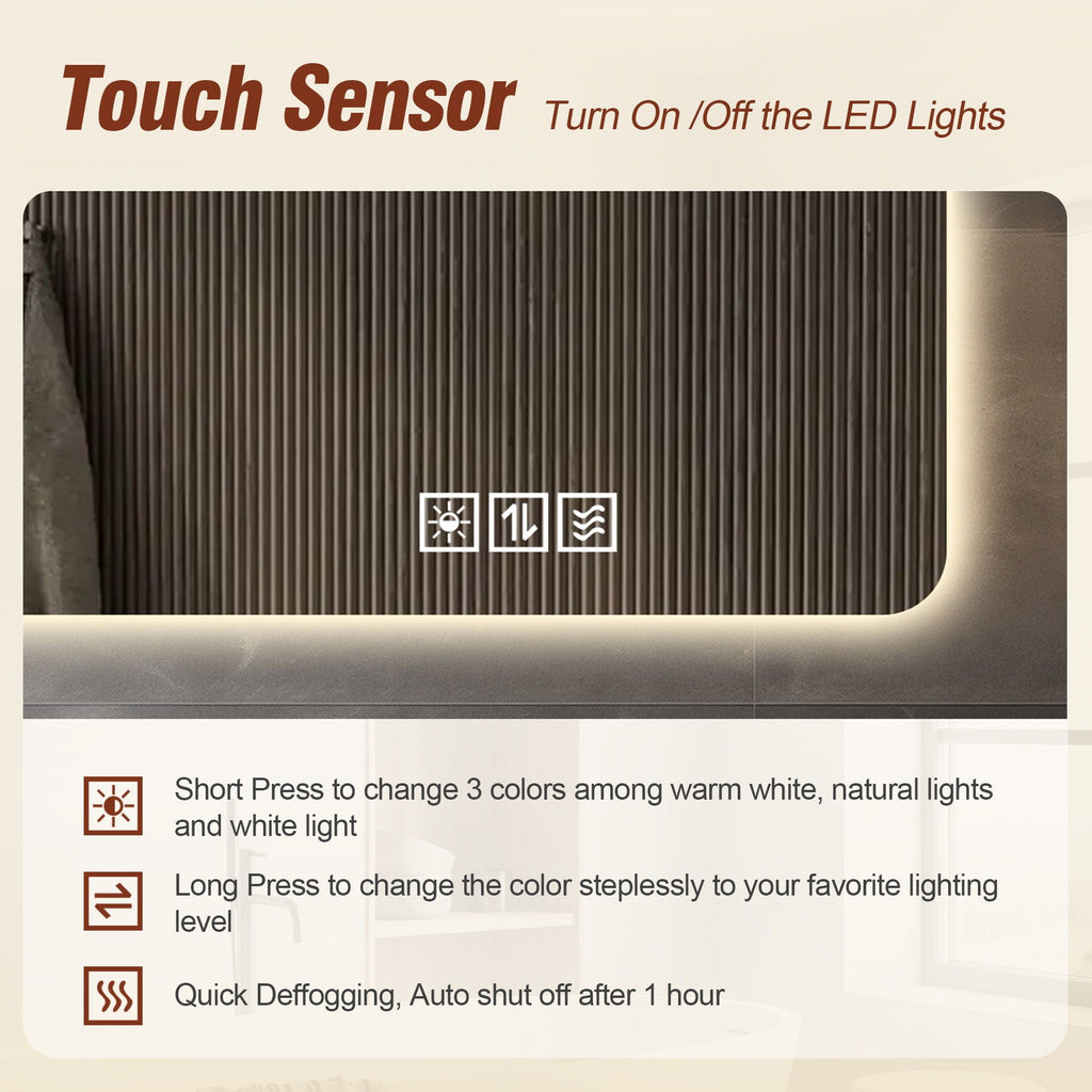 Wall Mounted LED Lighting Mirror with 3-Color Dimmable Light - Silver