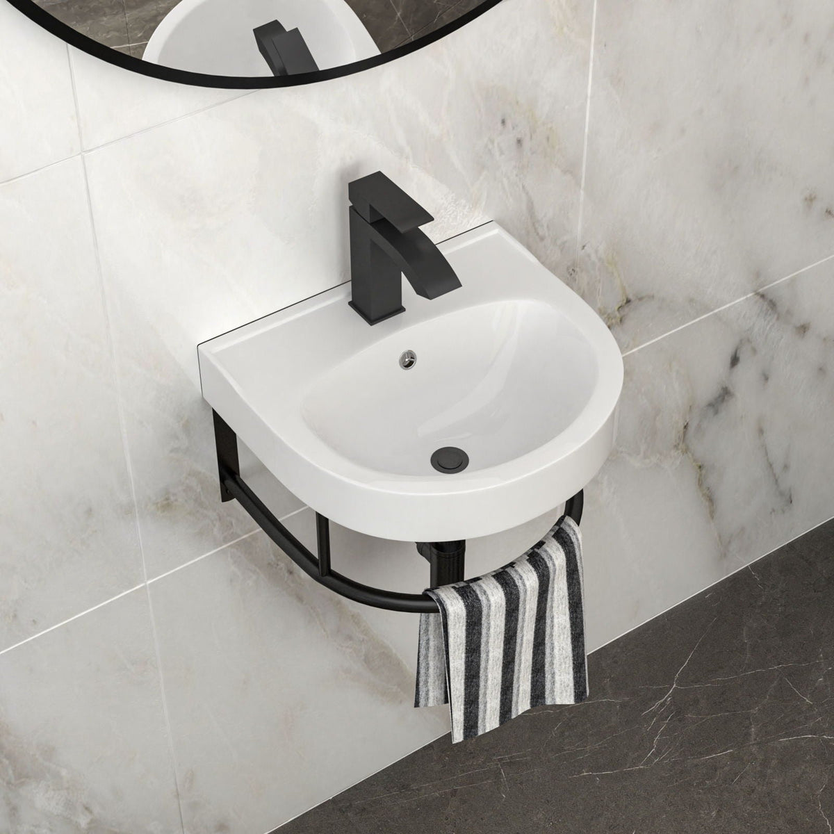 Wall Mounted Bathroom Sink with Towel Bar and Faucet - White / Black