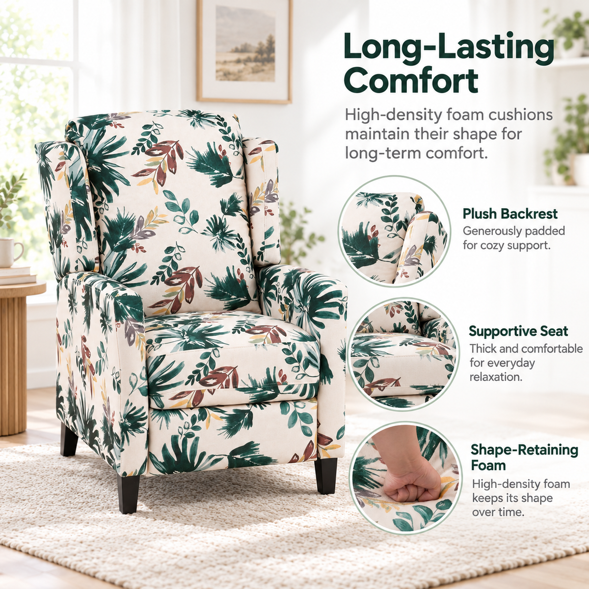 Floral Print Recliner Chair with Padded Arms - Multicolor