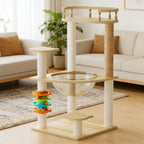 Modern Cat Tower with Scratching Posts and Acrylic Hammock - Natural+White