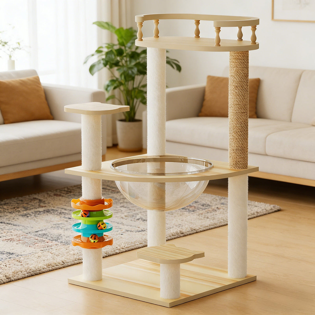 Modern Cat Tower with Scratching Posts and Acrylic Hammock - Natural+White