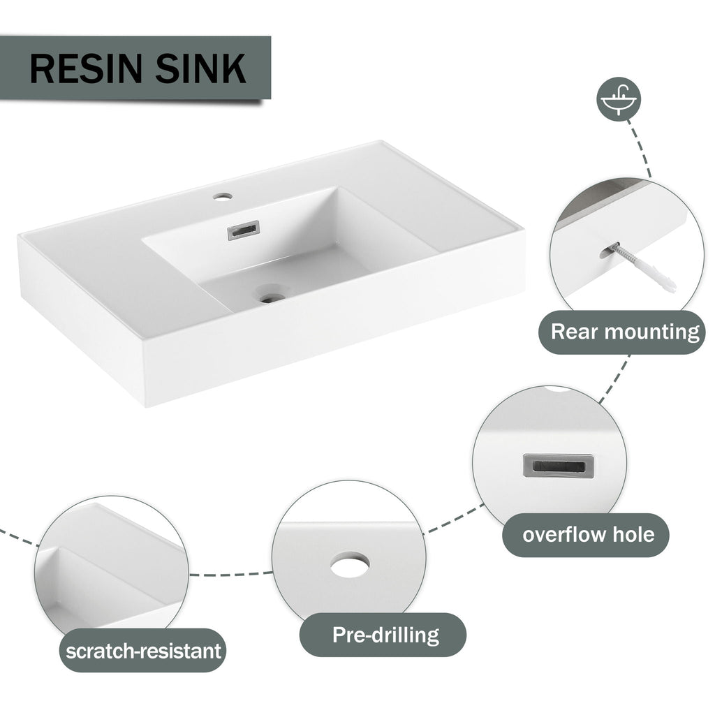 Wall Mounted Bathroom Vanity with Resin Sink and Soft Close Drawer - Imitative Oak