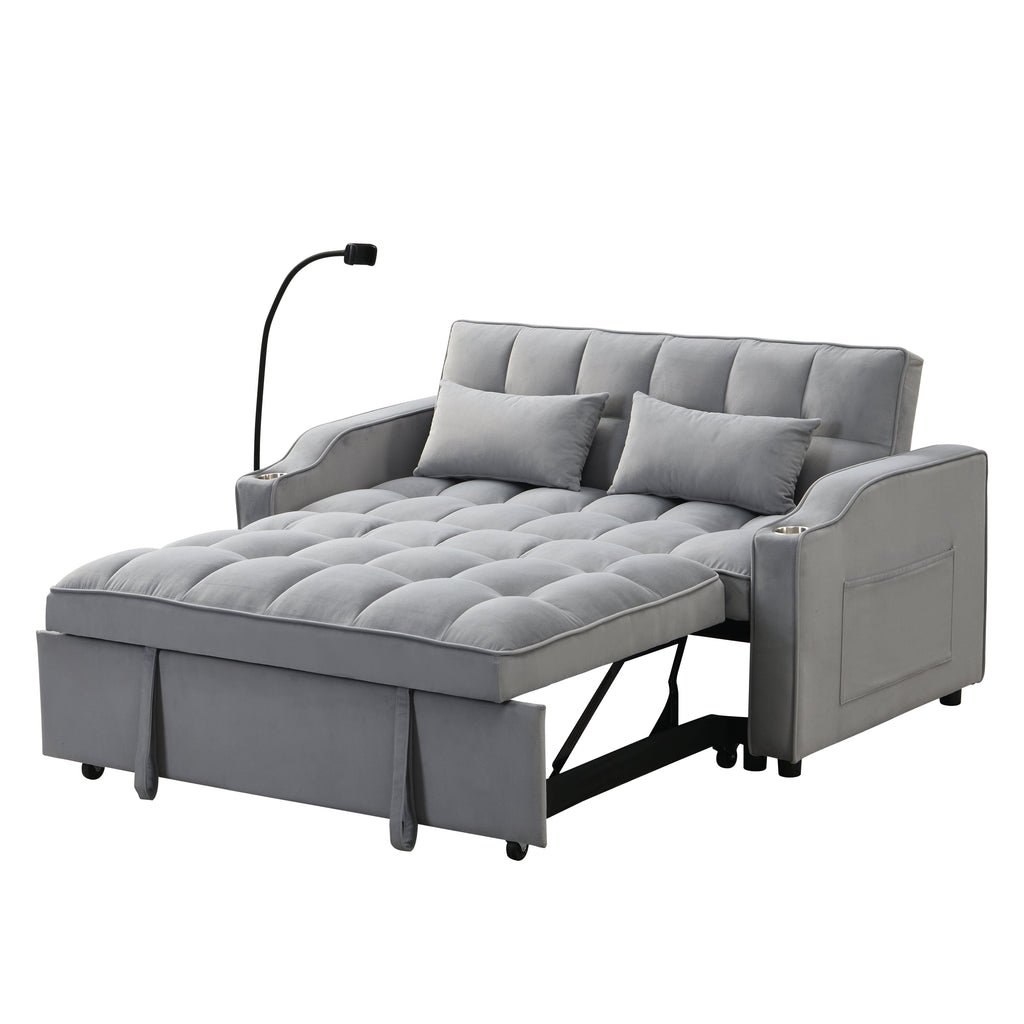 Modern Velvet Sleeper Loveseat with Pullout Bed and USB Ports - Light Gray