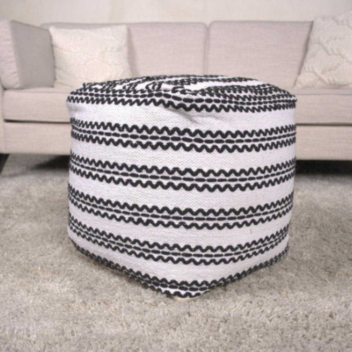 Handcrafted Fabric Accent Pouf with Durable Cotton - Natural / Black