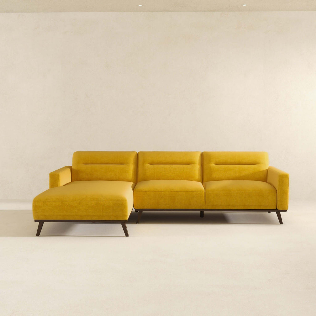 L-Shaped Sectional Couch with Solid Wood Frame and Vegan Upholstery - Yellow or Light Brown