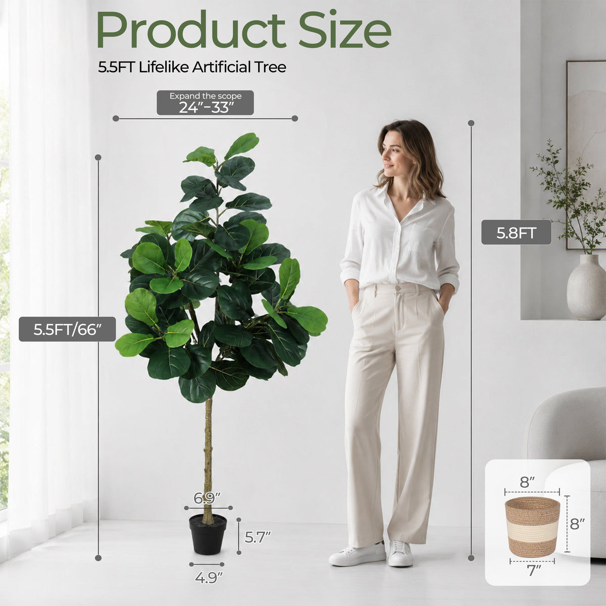 Artificial Fiddle Leaf Fig Tree 5.5FT with Planter - Green