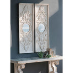 Large Wooden Wall Art Panels with Distressed Round Mirror Accents - White