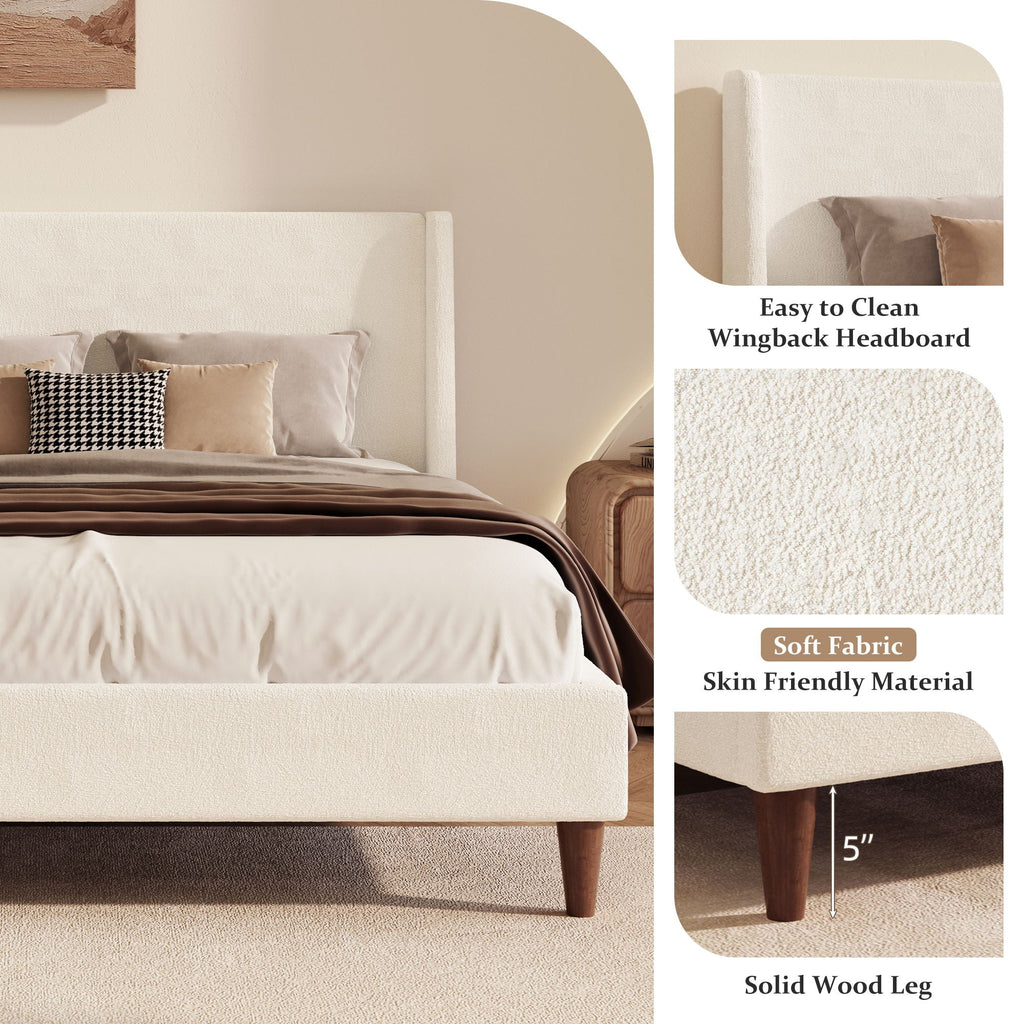 Upholstered Modern Platform Bed with Wingback Headboard - Beige or White
