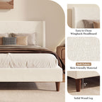 Upholstered Modern Platform Bed with Wingback Headboard - Beige or White