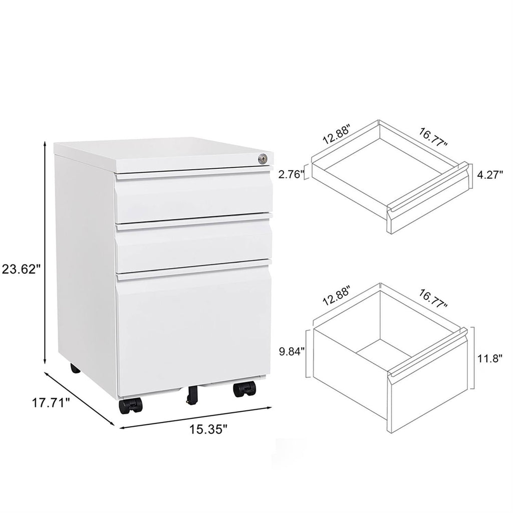 Contemporary 3 Drawer Mobile Filing Cabinet With Lock