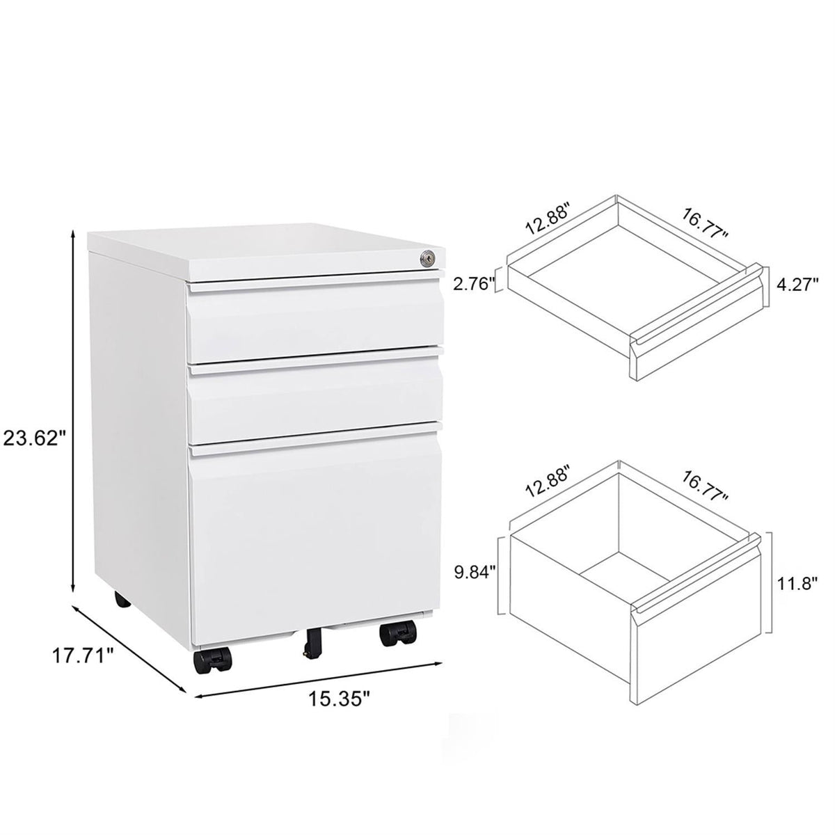 Contemporary 3 Drawer Mobile Filing Cabinet With Lock