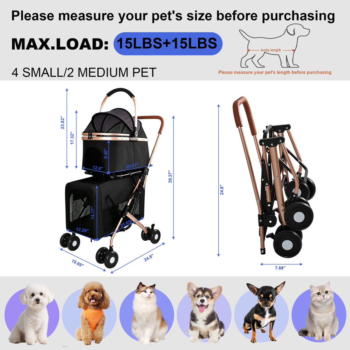 Double Pet Stroller for Small and Medium Dogs and Cats with Foldable Frame - Carbon-Steel