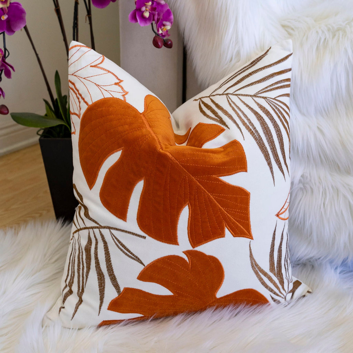 Autumn Vibes Leaf Accent Pillow with Soft Texture - Green, Dark Gray, Light Blue, Yellow, Orange