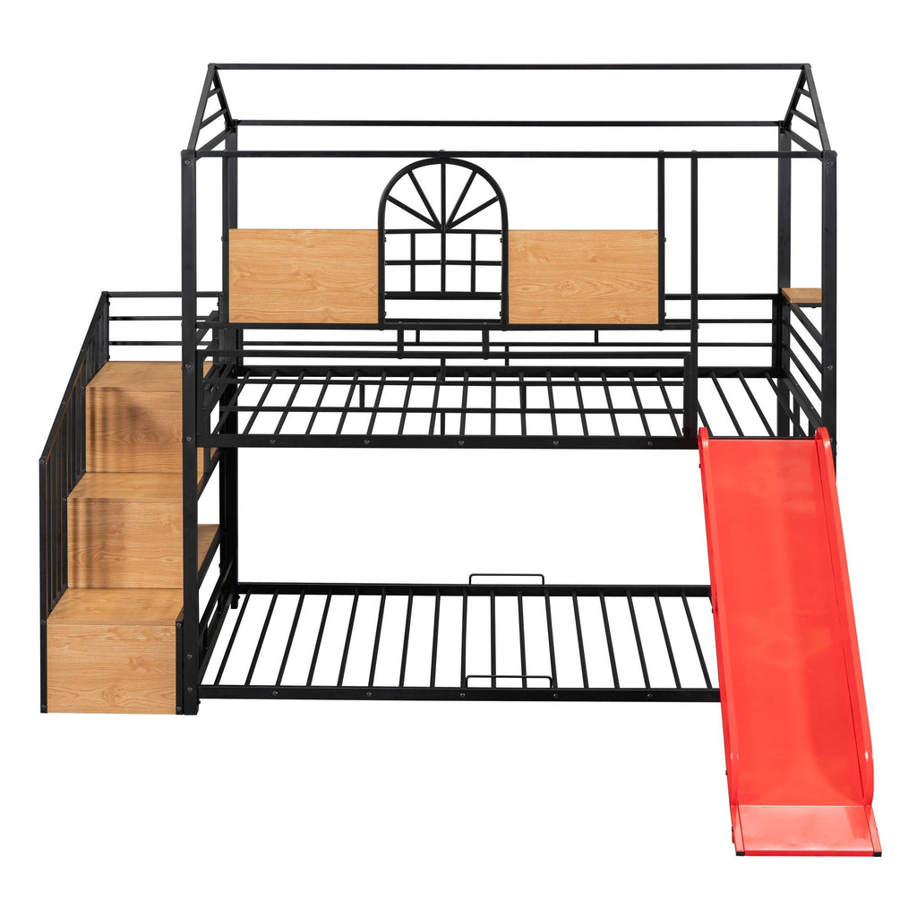 Metal Bunk Bed with Slide and Storage Stairs